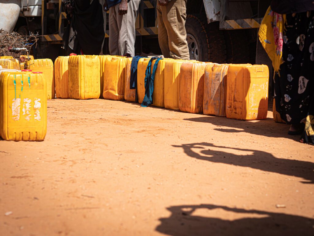 Water canisters lined up during a water distribution in an IDP camp in Southern Somalia.
